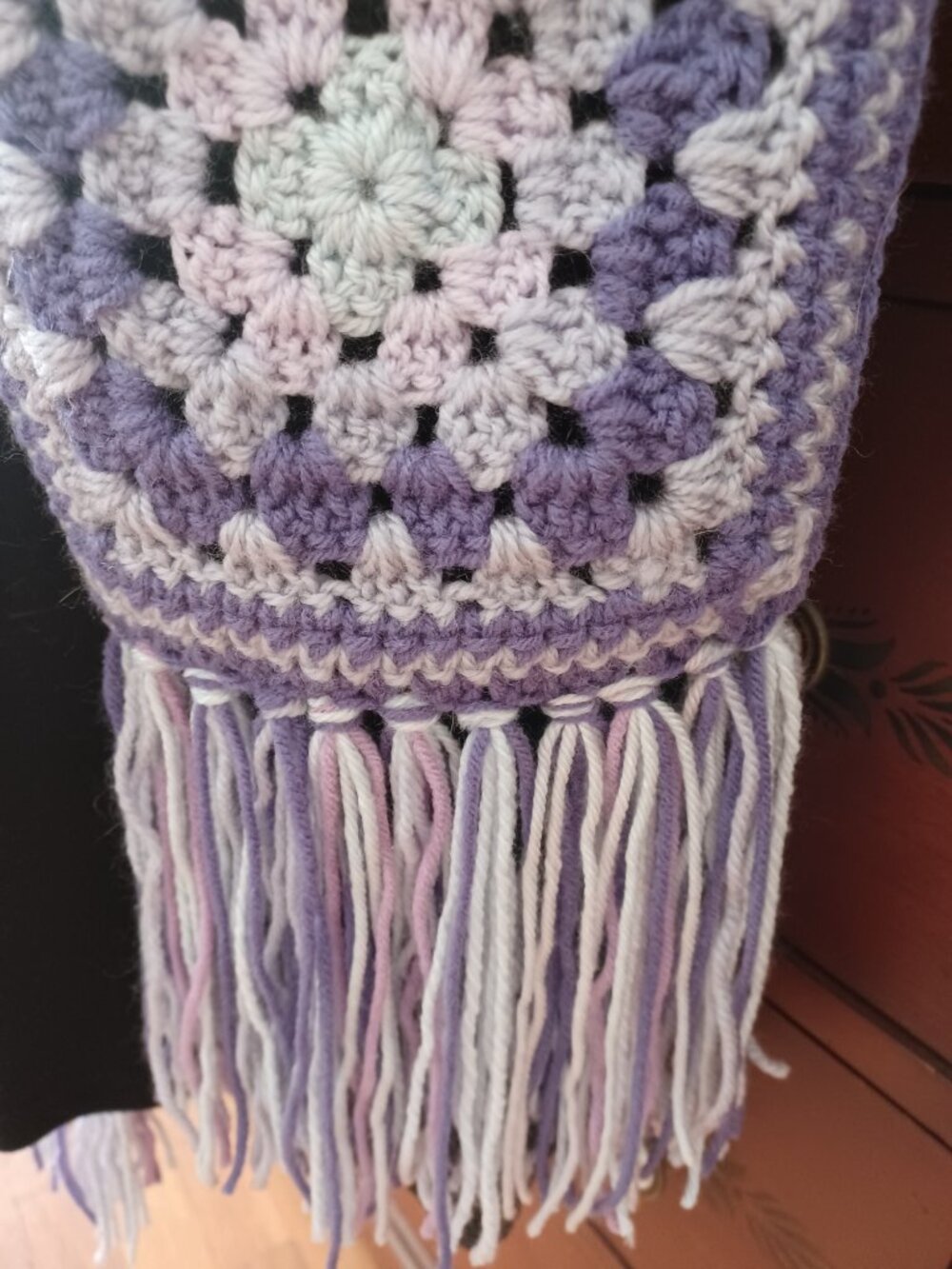 Handmade Crocheted Granny Square Winter/Fall Scarf - Lavender, Lilac and White - Picture 2 of 3